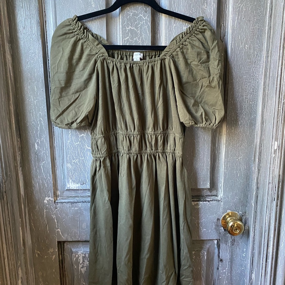 J. Crew Green Off-Shoulder Puff Sleeve Midi Dress